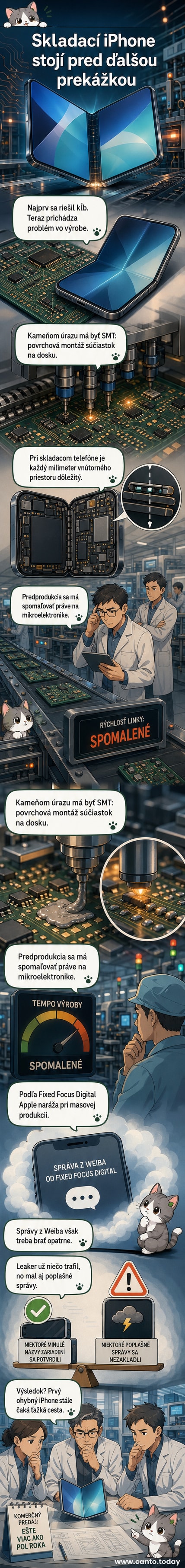 Ilustrovaná scéna továrne s robotickými ramenami pri montáži malých komponentov na plošný spoj skladacieho iPhonu, s červeným výstražným symbolom nad strojom označujúcim technologický problém.