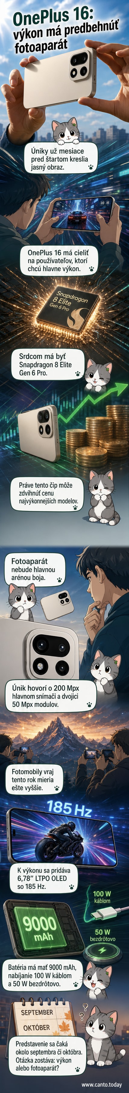 Ilustrácia nového smartfónu OnePlus 16 s výrazným zadným fotoaparátom a displejom zobrazujúcim výkonové štatistiky.
