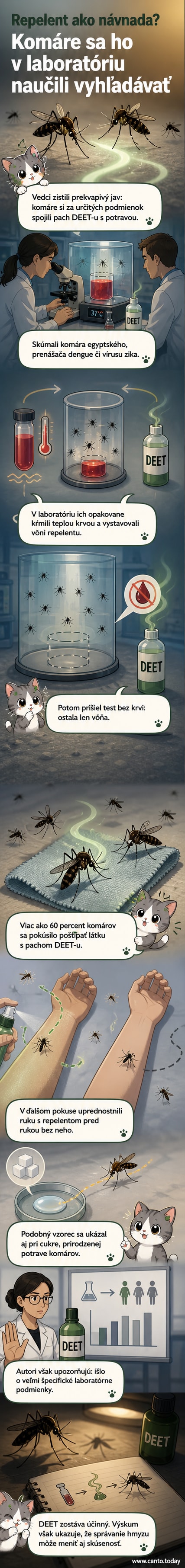 Ilustrácia komára, ktorý sa blíži k ruke natriesenej repelentom, pričom na pozadí je laboratórny pohár a molekulová štruktúra DEET-u.