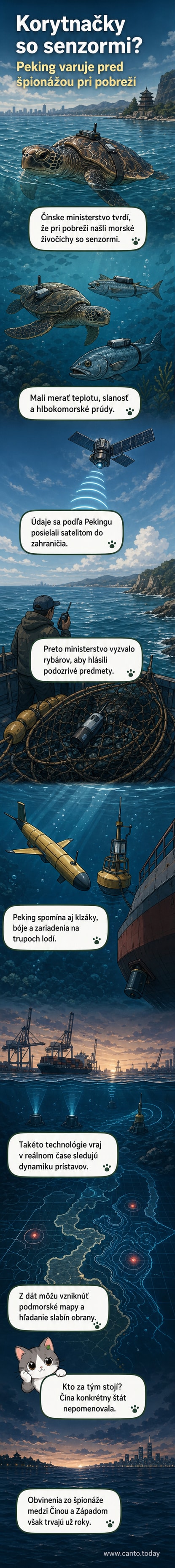 Ilustrácia morskej korytnačky s malým zariadením na chrbte plávajúcej v modrom oceáne, v pozadí čínska nákladná loď.