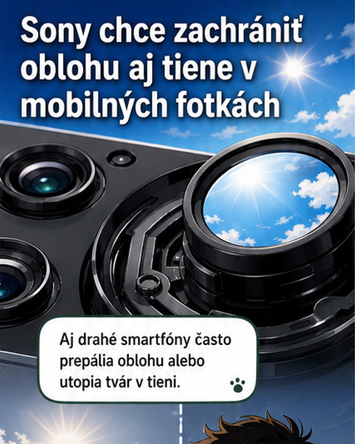 Ilustrácia nového snímača Sony LYTIA L910 vo vnútri smartfónu, zobrazujúca detail zachytávania svetla v extrémnych podmienkach – jasná obloha a tmavý tieň s viditeľnými detailami.