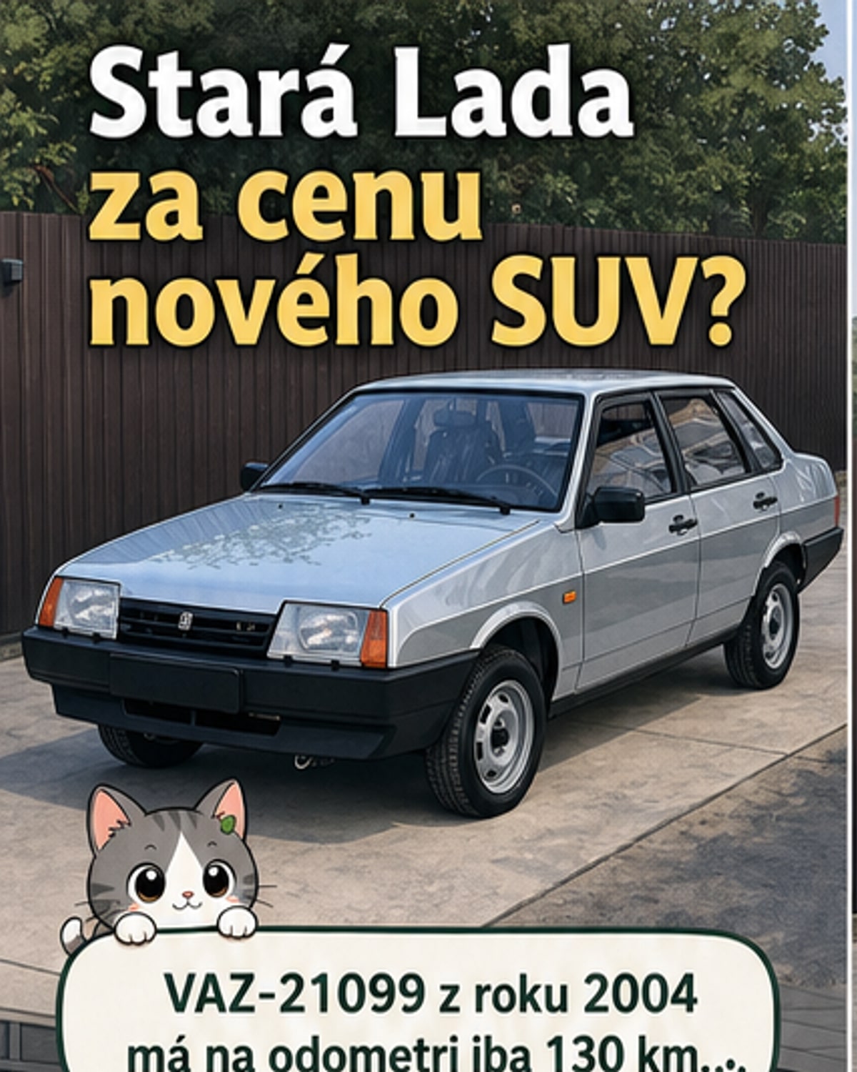 Strieborný sedan Lada Samara z roku 2004 stojaci v garáži s nízkym nájazdom 130 km, na pozadí staršie autá a nástroje.