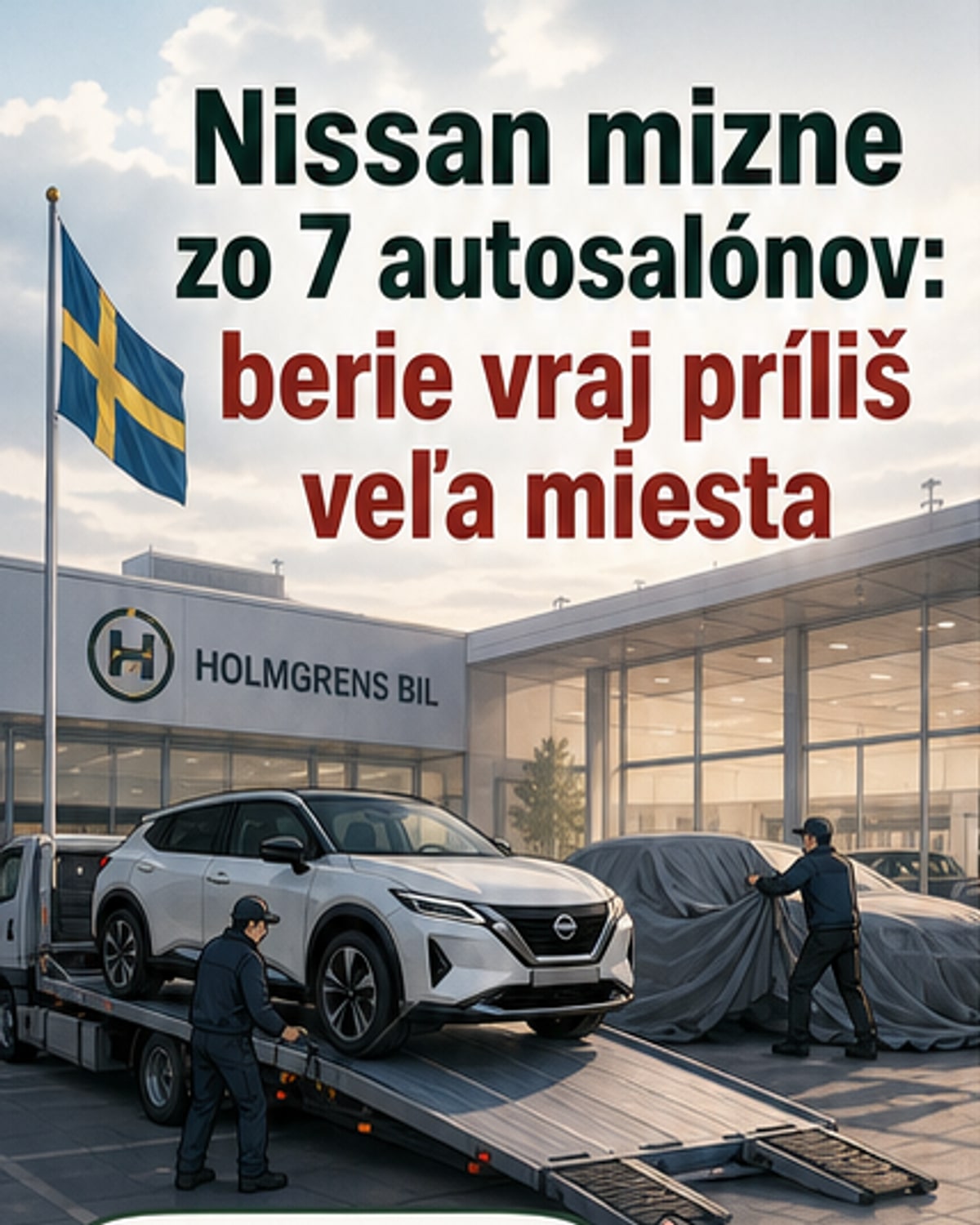 Exteriér autosalónu Holmgrens Bil so značkou Nissan, ktorá práve bola stiahnutá zo siete – predajné miesta prázdne, značka odstránená z výkladov.