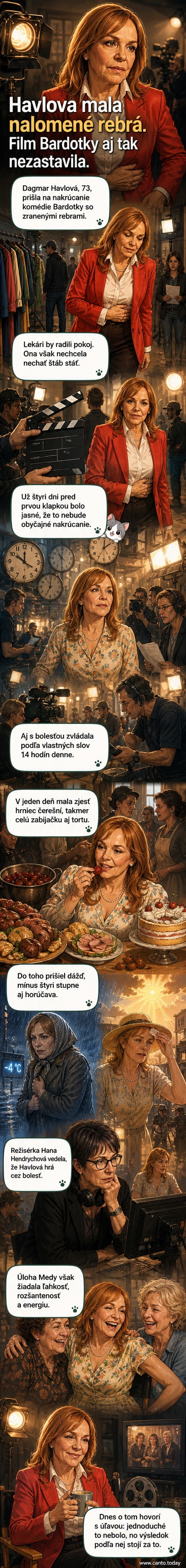 Herečka Dagmar Havlová na natáčacom pláne v zime, v ruke drží scenár, v pozadí je sneh a kamera.