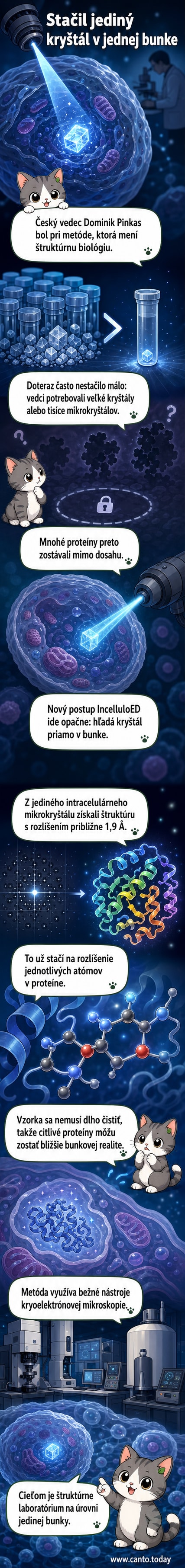 Ilustrácia zobrazuje mikroskopický kryštál proteínu vo vnútri bunky, s detailným zväčšením na atómovú štruktúru, na pozadí laboratórneho prostredia s vedcom pri práci.