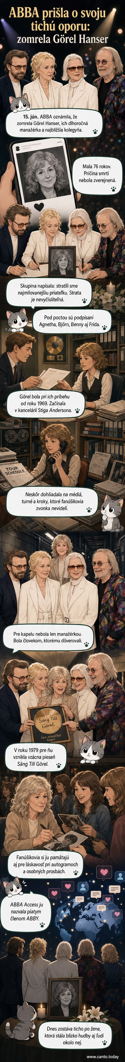 Čiernobiele foto ABBA s ich dlhoročnou manažérkou Görel Hanser, ktorá stála pri skupine od začiatkov ich kariéry.