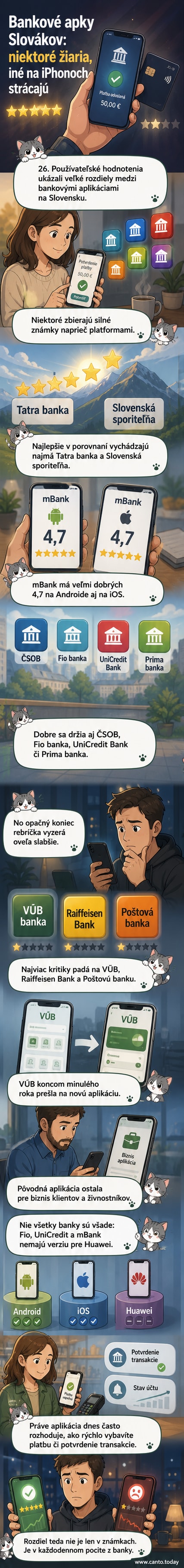 Ilustrácia mobilných telefónov zobrazujúcich rozhranie rôznych bankových aplikácií s ikonami hodnotení hviezdickami a popiskami najlepších a najhorších výkoncov.