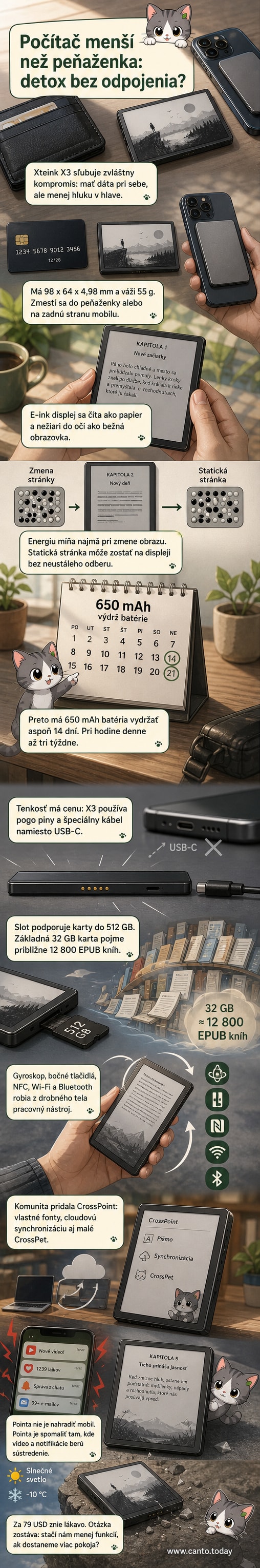 Malý počítač veľkosti kreditnej karty s e-ink displejom, položený vedľa bežnej peňaženky a smartfónu.