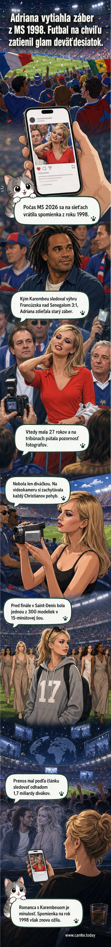 Adriana Sklenaříková v roku 1998 na tribúne MS vo futbale, v červeno-oranžovom outfite, pozadu fanúšikovia a štadión