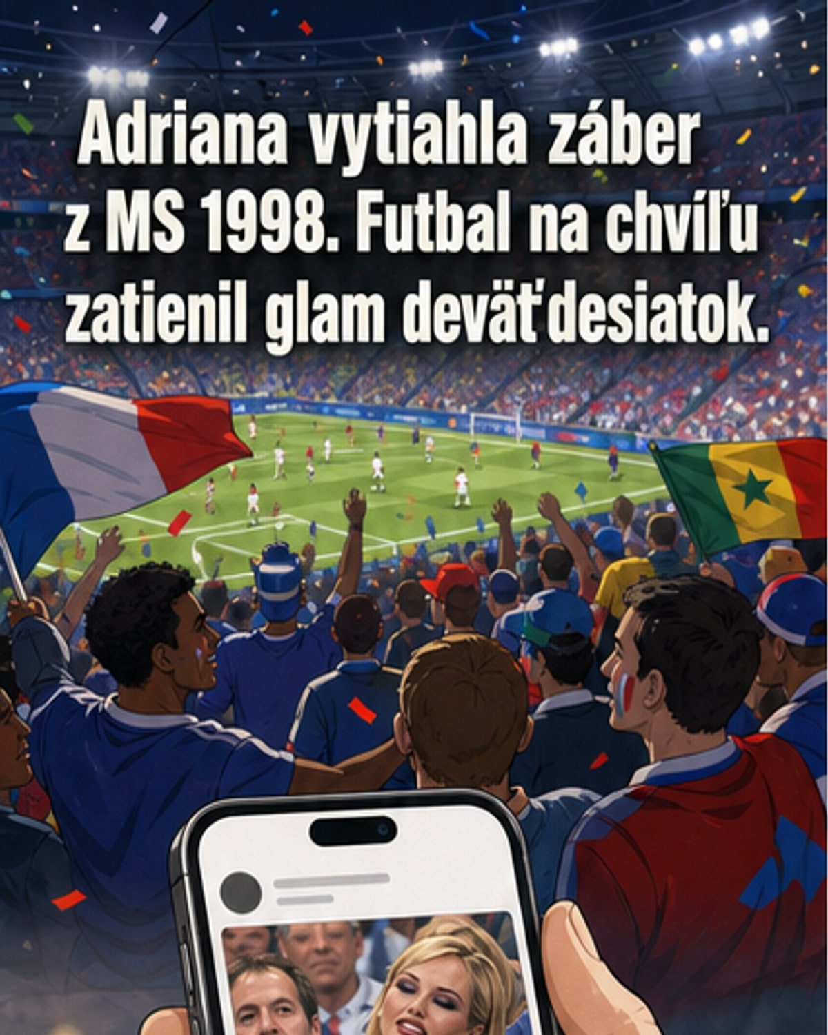 Adriana Sklenaříková v roku 1998 na tribúne MS vo futbale, v červeno-oranžovom outfite, pozadu fanúšikovia a štadión