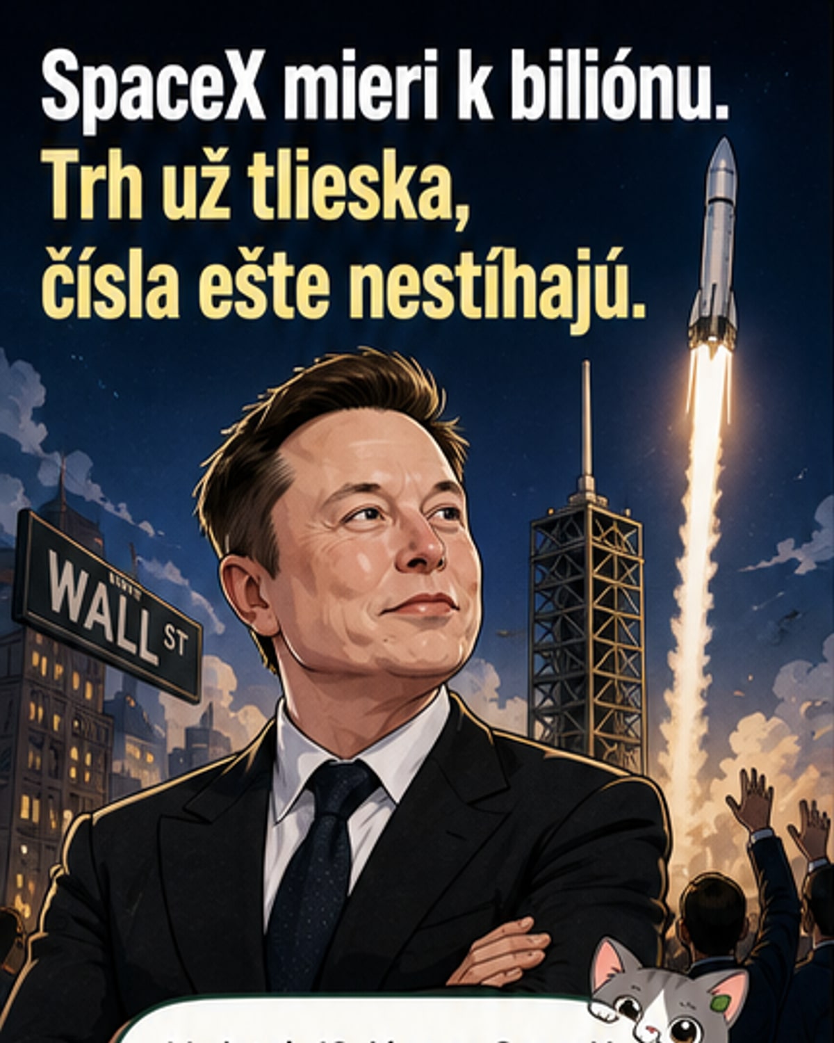 Ilustrácia rakety SpaceX s odrazom od Zeme, na pozadí graf rastu tržieb s cieľom jedného bilióna dolárov do roku 2030.