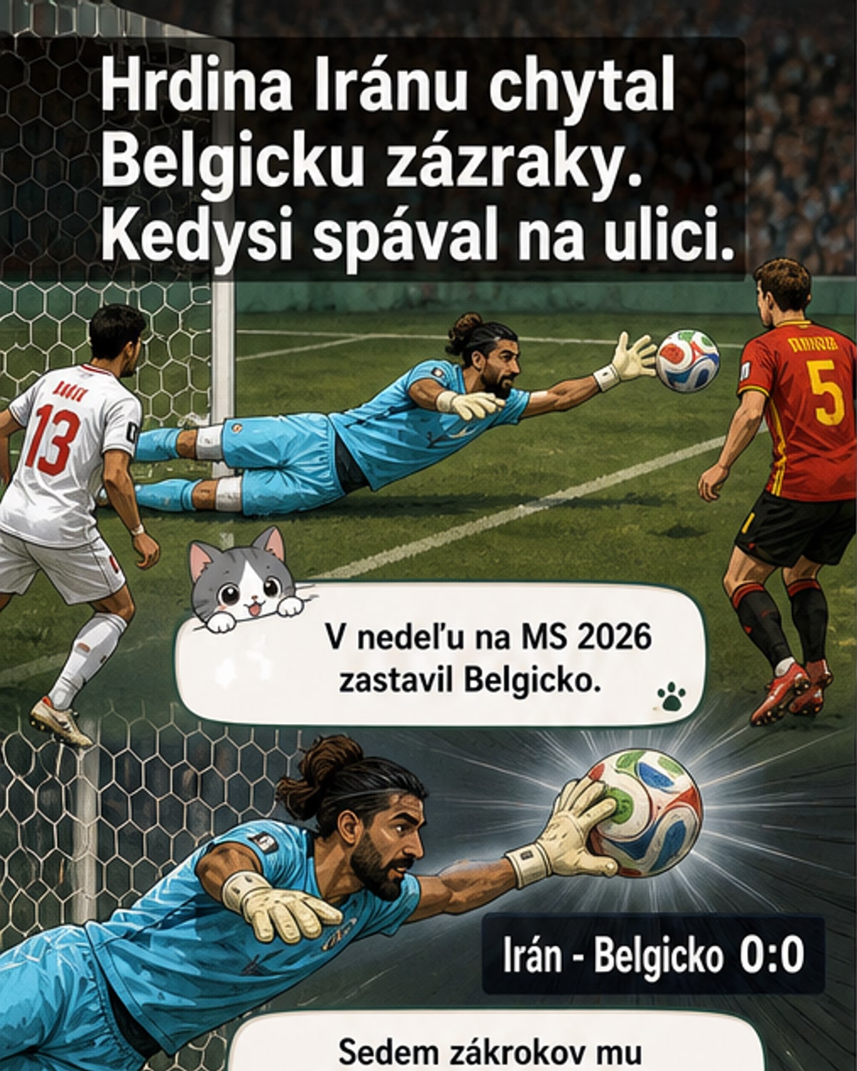 Futbalový brankár Alireza Beiranvand v akcii počas zápasu MS 2026, na pozadí fanúšikovia a štadión