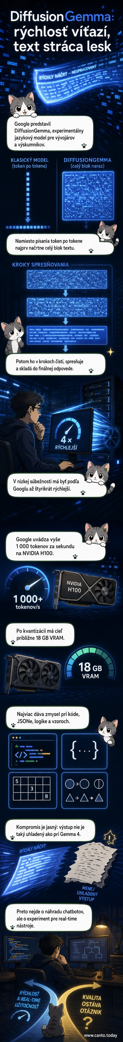 Ilustrácia zobrazujúca proces, v ktorom AI model transformuje šumavý blok textu na čistý, zrozumiteľný výstup cez viacero krokov úprav.