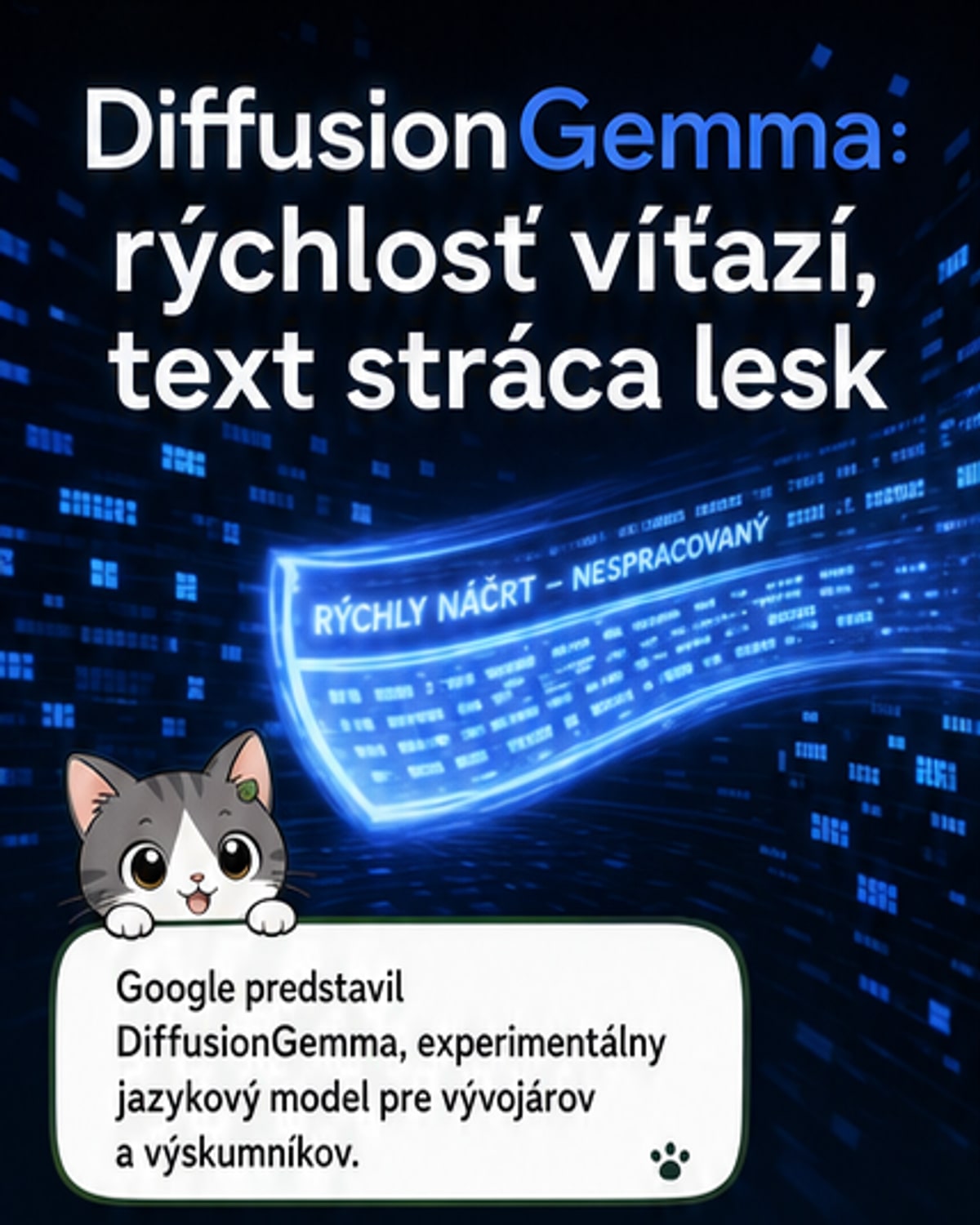 Ilustrácia zobrazujúca proces, v ktorom AI model transformuje šumavý blok textu na čistý, zrozumiteľný výstup cez viacero krokov úprav.