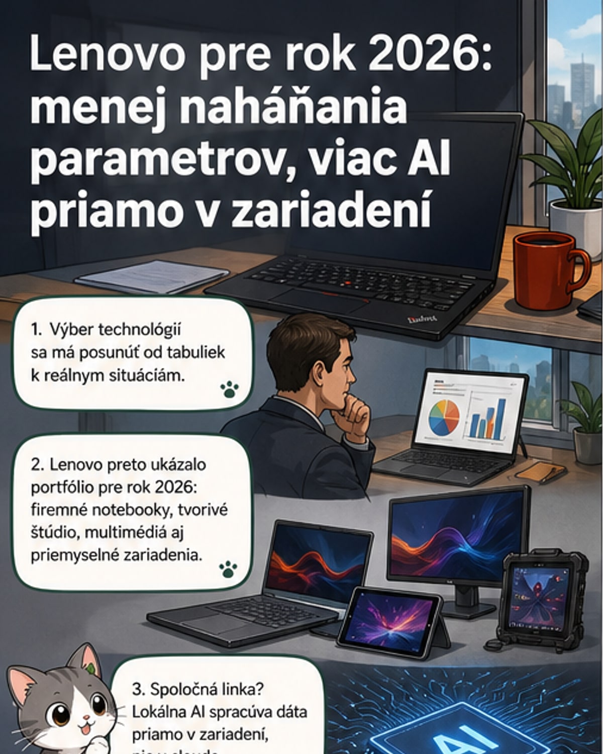 Ilustrácia nových zariadení Lenovo: tenký notebook, konvertibilný tablet, multimediálny monitor a odolný priemyselný tablet s popiskami funkcií ako lokálna AI, efektívne chladenie a vysoká opraviteľnosť.