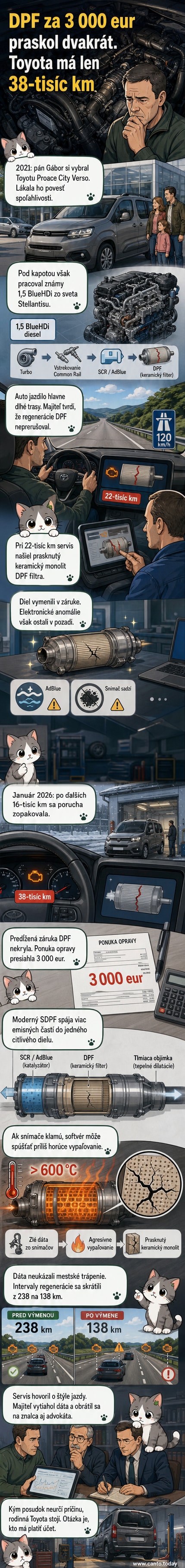 Ilustrácia prasknutého DPF filtra v dieselovom aute s popiskami jednotlivých komponentov a teplotnými šípkami ukazujúcimi prehriatie.