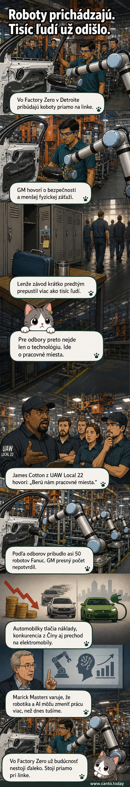 Kobot pracuje vedľa ľudského zamestnanca v závode GM v Detroite, na pozadí je logom UAW a znak automobilky.