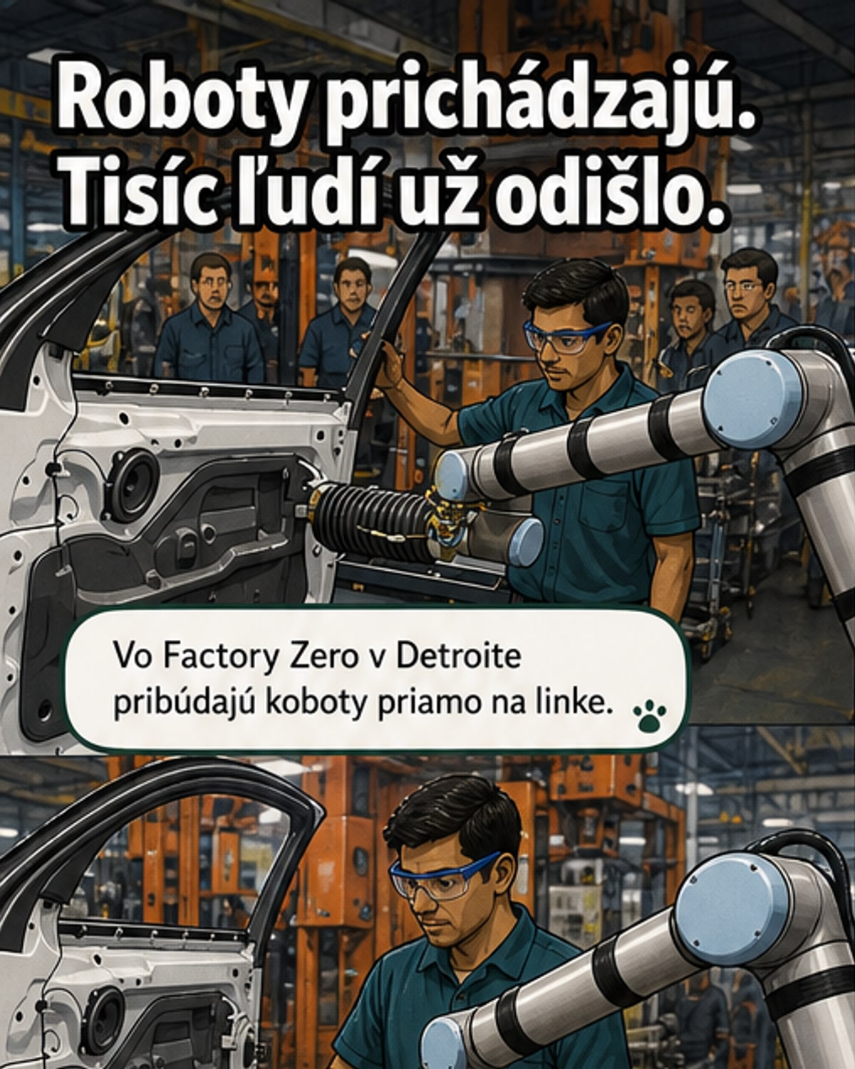 Kobot pracuje vedľa ľudského zamestnanca v závode GM v Detroite, na pozadí je logom UAW a znak automobilky.