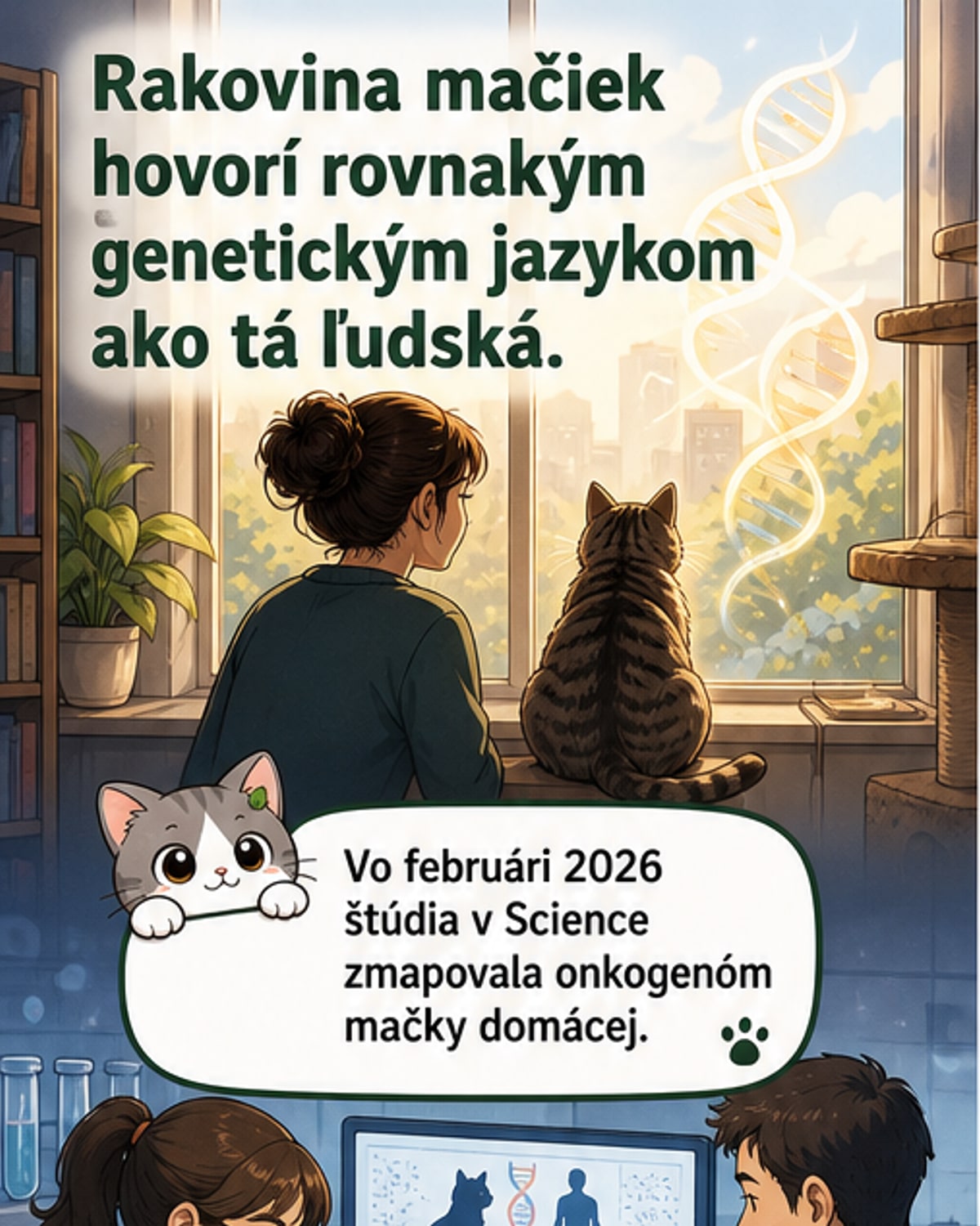 Ilustrácia zobrazuje porovnanie ľudskej a mačacej DNA s vyznačenými spoločnými mutáciami v génoch TP53 a FBXW7, na pozadí slnečného žiarenia a laboratórneho mikroskopu.