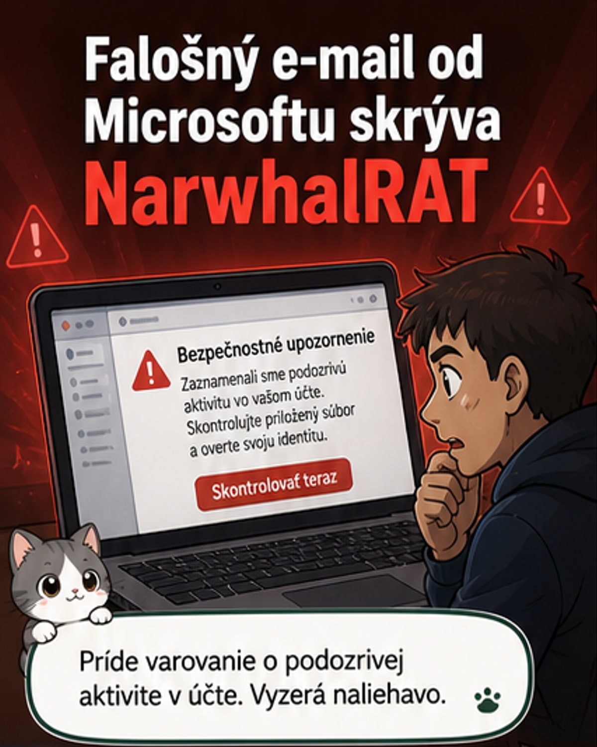 Ilustrácia počítača s upozornením od Microsoftu a skrytým škodlivým kódom, ktorý sleduje používateľa.