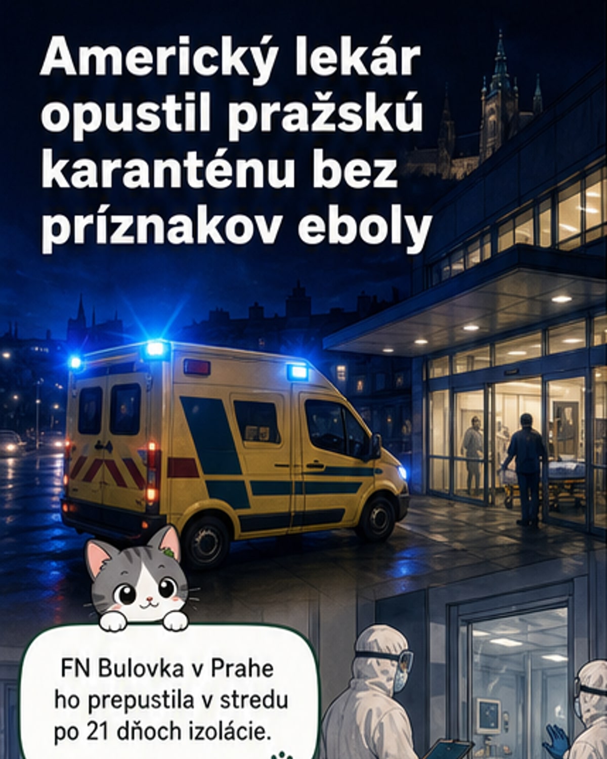 Ilustrácia amerického lekára v ochrannom oblečení v izolácii v pražskej nemocnici Bulovka, na pozadí mapy Afriky s vyznačením Konžskej demokratickej republiky.