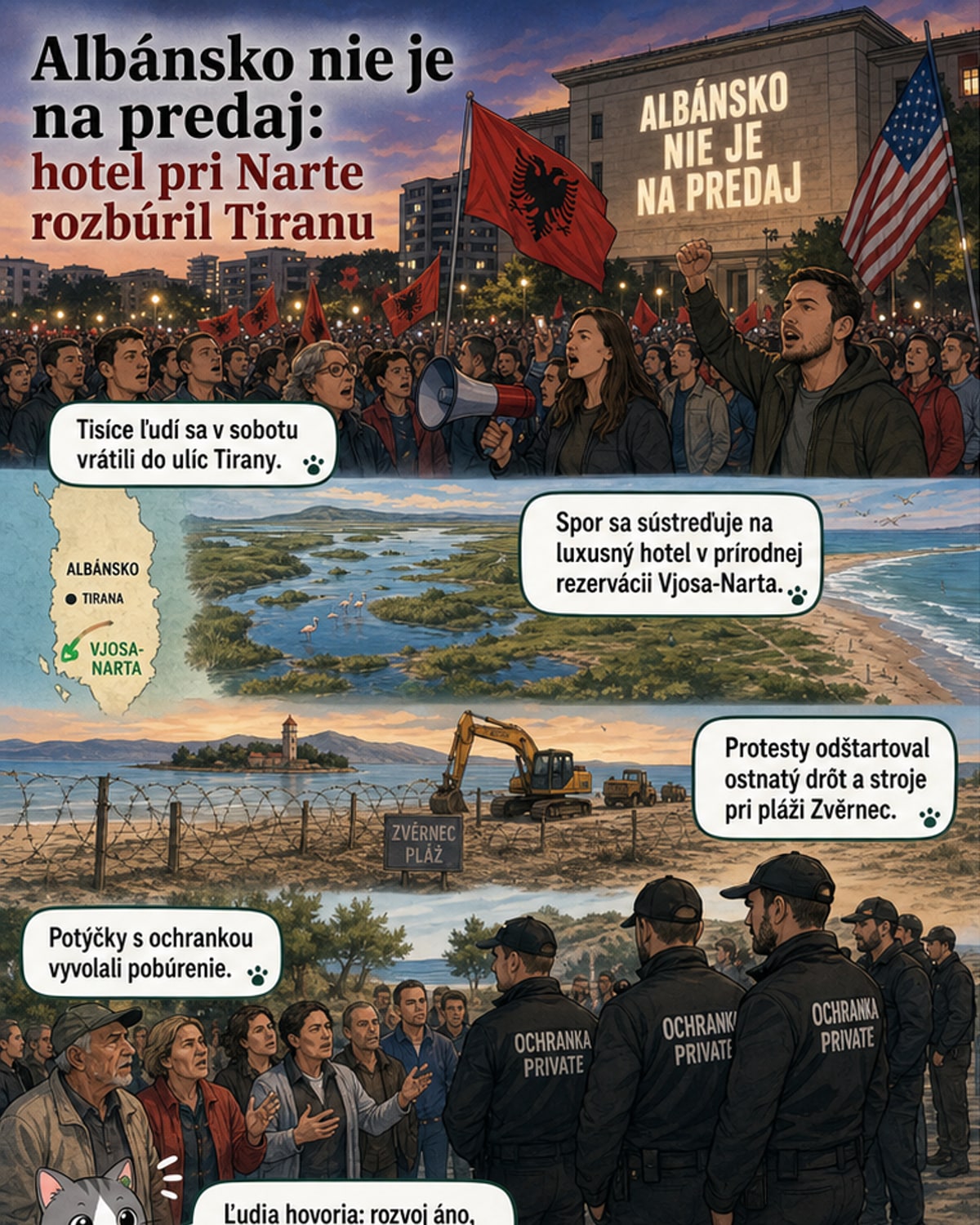Demonštranti v Tiranе držia vlajky a projekčne zobrazujú slogan „Albánsko nie je na predaj“ na budovu vlády.