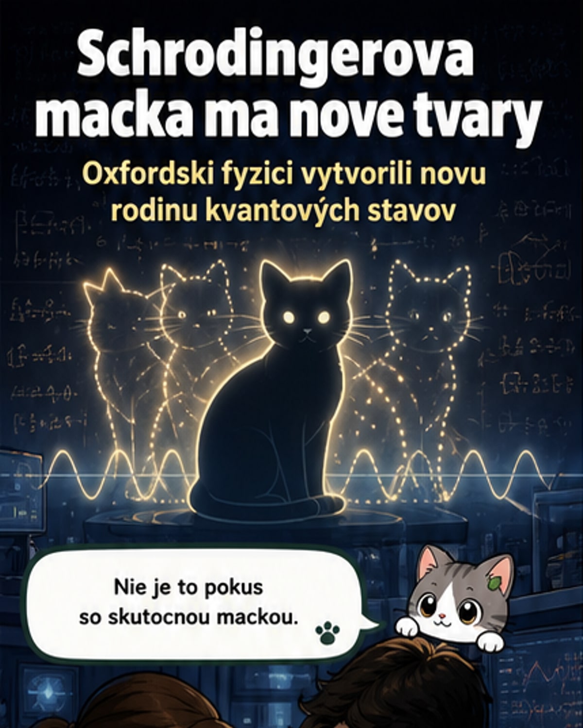 Ilustrácia kvantovej mačky v škatuli, ktorá je súčasne živá aj mŕtva, s modrými a červenými vlnovými formami okolo symbolizujúcimi kvantové stavy.