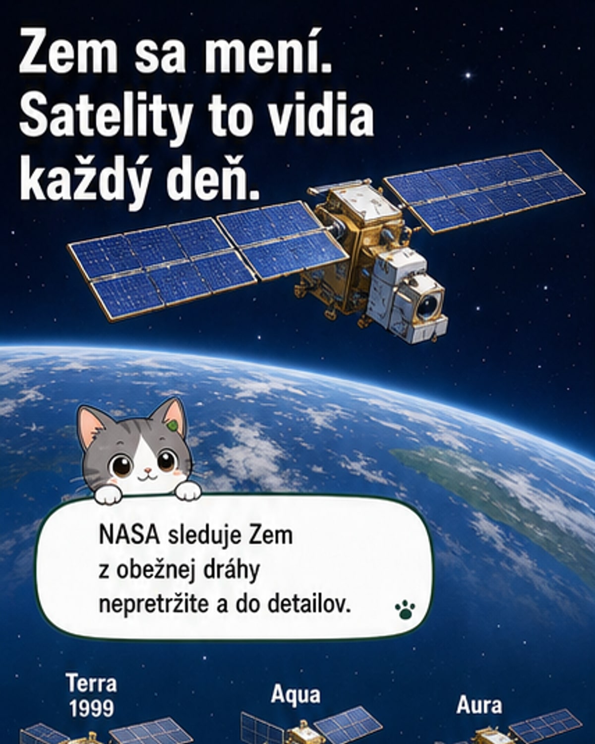 Ilustrovaný pohľad z vesmíru na Zem, kde satelity zachytávajú zmenu klímy – topnúci ľad, dym z požiarov a zelené svetlo fytoplanktónu.
