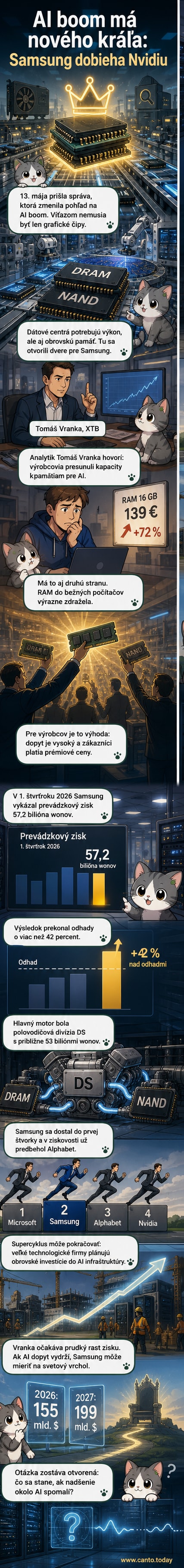 Ilustrácia: Samsung logo vedľa veľkých čipov s nápisom 'AI Memory Boom', na pozadí grafy rastúcich ziskov a dátové centrá.