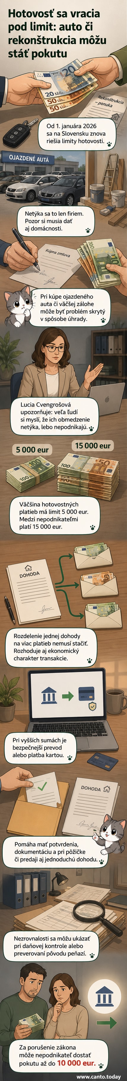 Ilustrácia zobrazuje ruky, ktoré si podávajú vrecko s hotovosťou, na pozadí je varovný symbol a text o obmedzeniach platieb.
