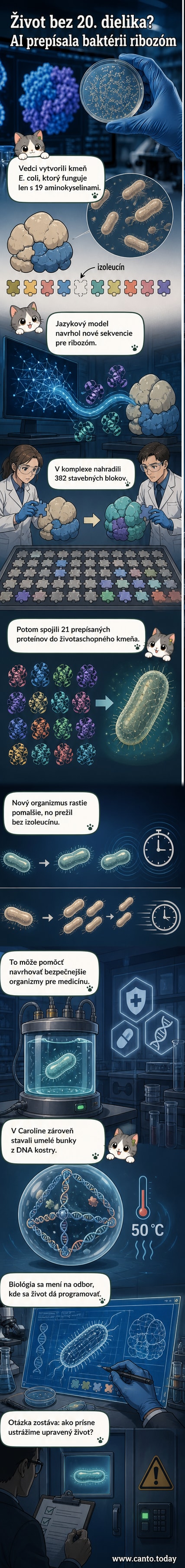 Ilustrácia syntetickej bunky s redukovaným genetickým kódom a schémou ribozómu, ktorý nahradil izoleucín – vizualizácia vedeckého objavu.