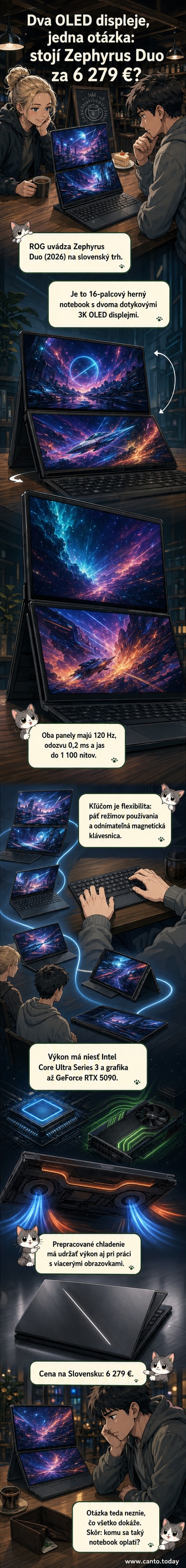 ROG Zephyrus Duo (2026) – 16-palcový herný notebook s dvoma OLED displejmi, v novej farbe Stellar Grey, na tmavom pozadí.