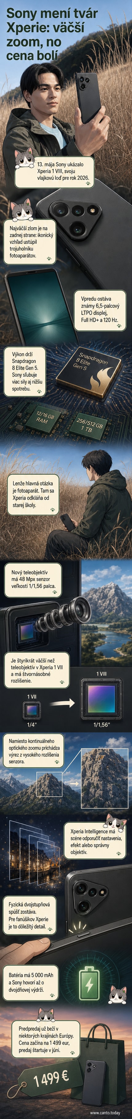 Sony Xperia 1 VIII s novým trojuholníkovým usporiadaním fotoaparátov na zadnej strane a úzkym okrajom okolo displeja.