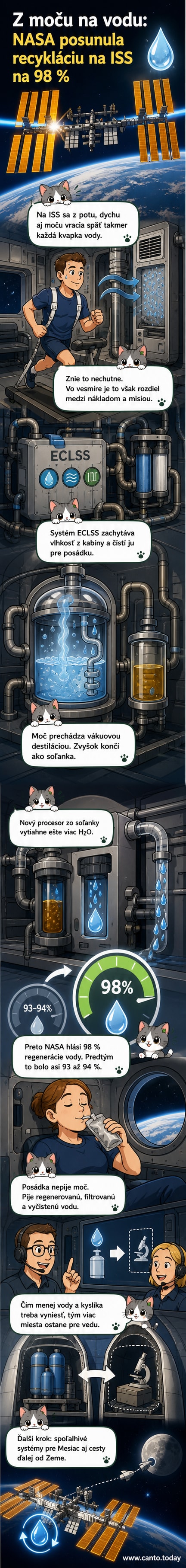 Ilustrácia astronauta na Medzinárodnej vesmírnej stanici, ktorý pije vodu z uzavretého recyklačného systému, so schémou premenu moču a potu na pitnú vodu.