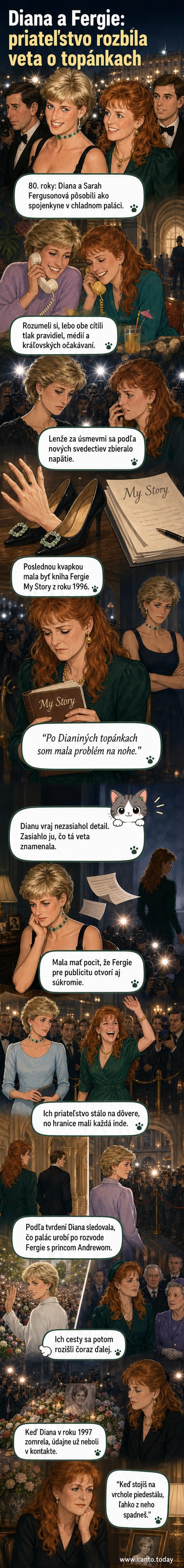 Ilustrácia Diany a Fergie stojacich bok po boku, s trhlínou medzi nimi symbolizujúcou napätie, na pozadí kráľovského paláca.