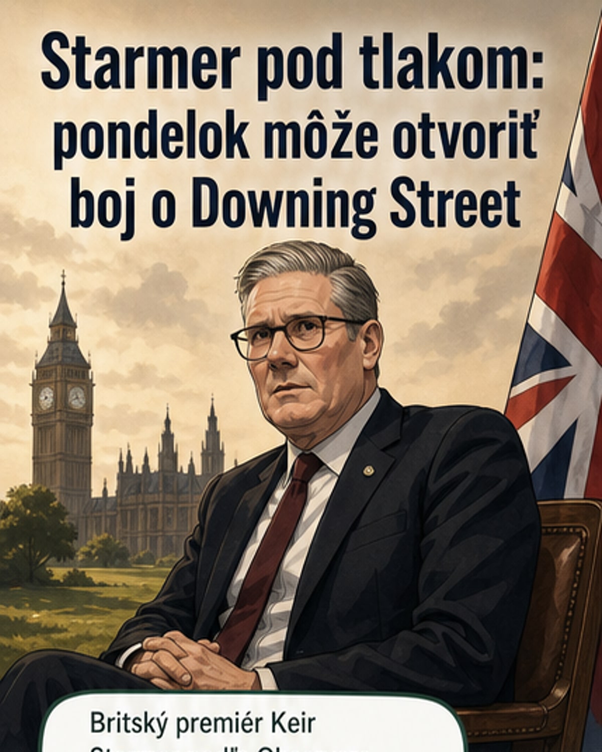 Ilustrovaný portrét britského premiéra Keira Starmera s tónmi politického napätia a symbolmi Labouristickej strany na pozadí.