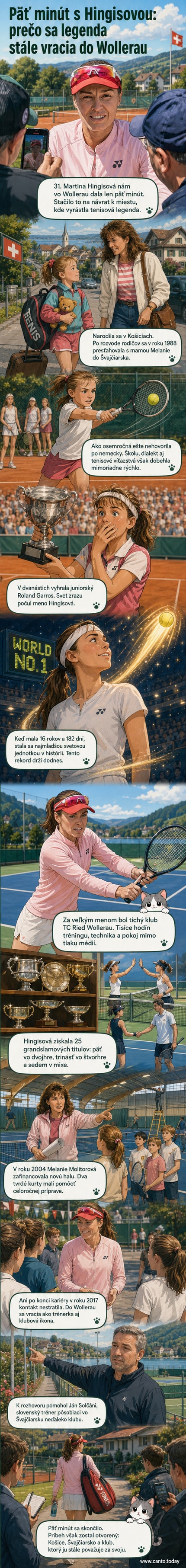 Martina Hingisová na tenisovom kurte, v pozadí švajčiarska krajina a moderná tenisová hala