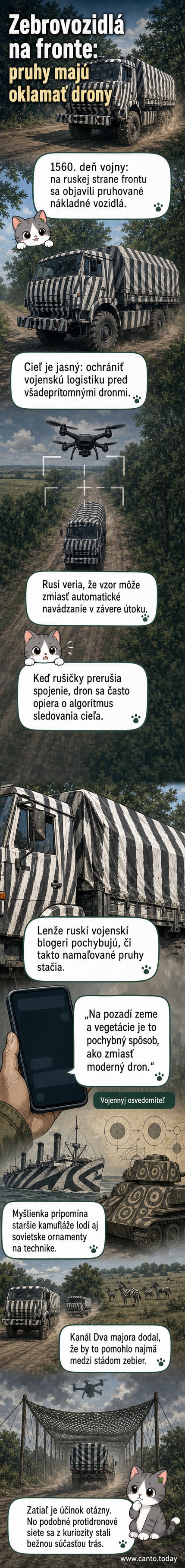 Ilustrácia ruského nákladného vozidla s čiernobielym pruhovaným maskovaním na poli, s dronom v pozadí.