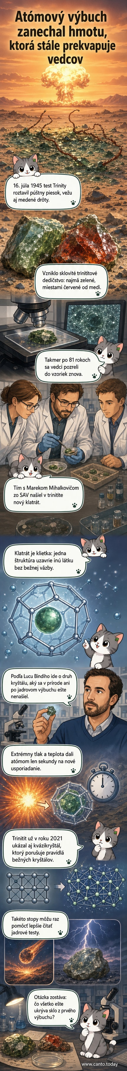 Ilustrácia ohnivej gule jadrového výbuchu, ktorá roztavila piesok a kovy do sklovitého trinititu s novou klatrátovou štruktúrou.