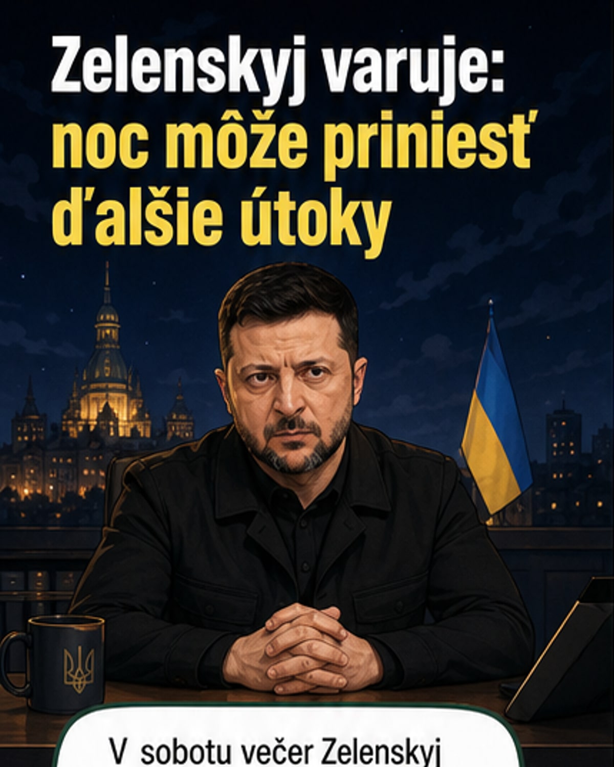 Ilustrácia ukrajinského prezidenta Zelenského s mapou Ukrajiny a označením miest útokov, na pozadí sú ruské drony a vojenské zariadenia.