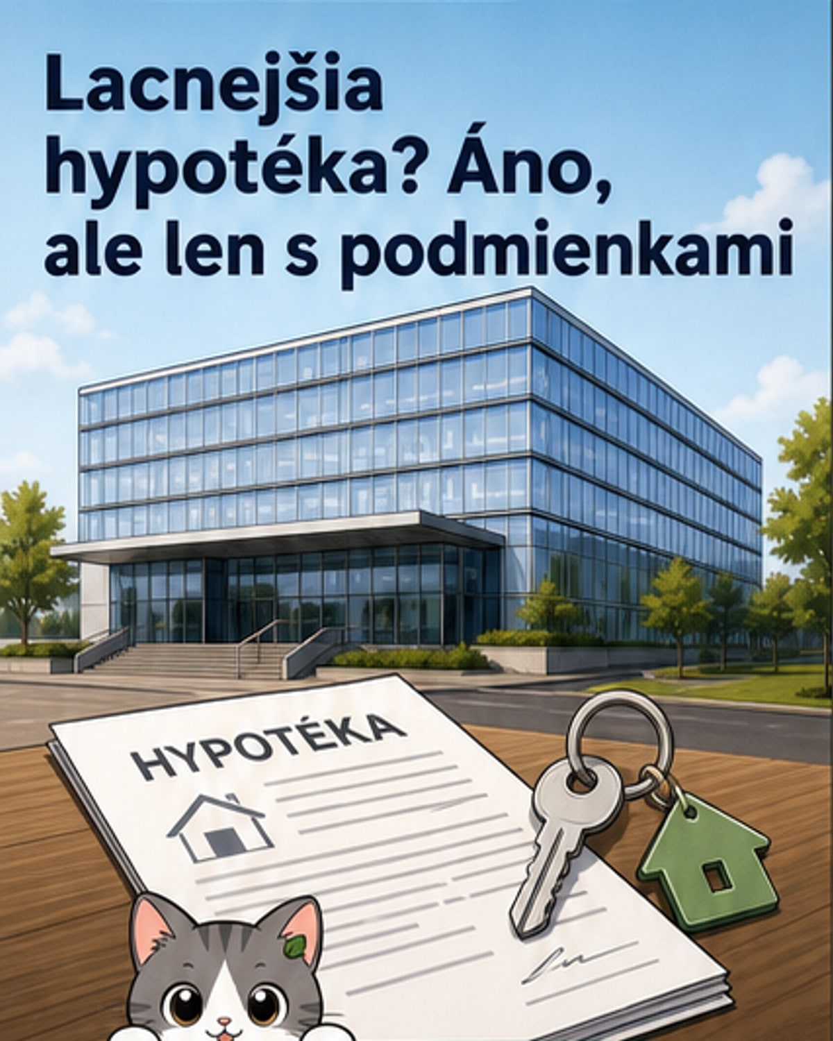 Ilustrácia domu s hypotekárnym záväzkom, kde sa znížená úroková sadzba zobrazuje ako teplý letný dar od banky.