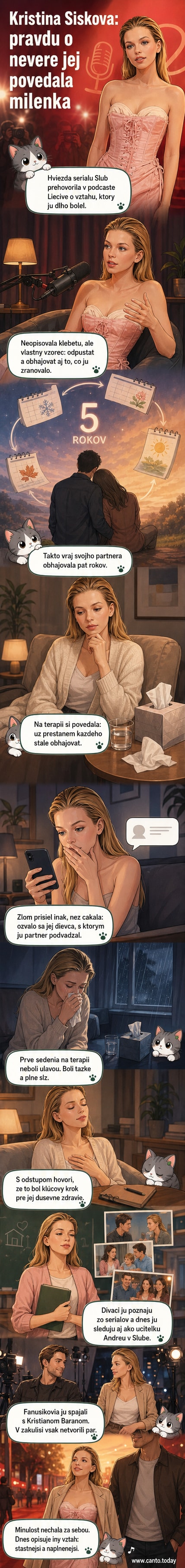 Herečka Kristína Sisková v strede, na pozadí rozbité srdce a terapeutická scéna s knihami a kvetmi.