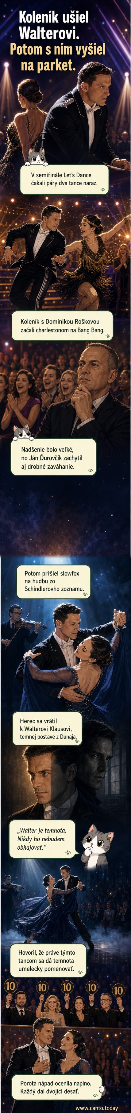 Herec Ján Koleník a tanečná partnerka Dominika Rošková tanecujú slowfox v dramatických kostýmoch, na pozadí hudobník Karol Brüll s husľami, scéna pripomína filmovú režiéru s temným nádechom.