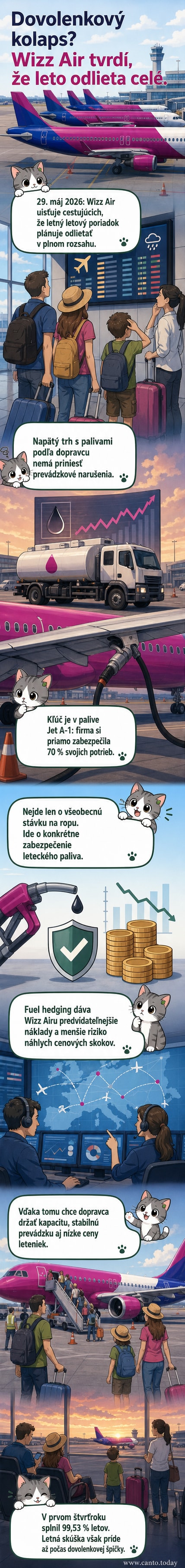 Ilustrácia lietadla Wizz Air na pozadí slnečného neba s ikonami palivových nádrží a kalendára označujúcich plánované lety cez leto.