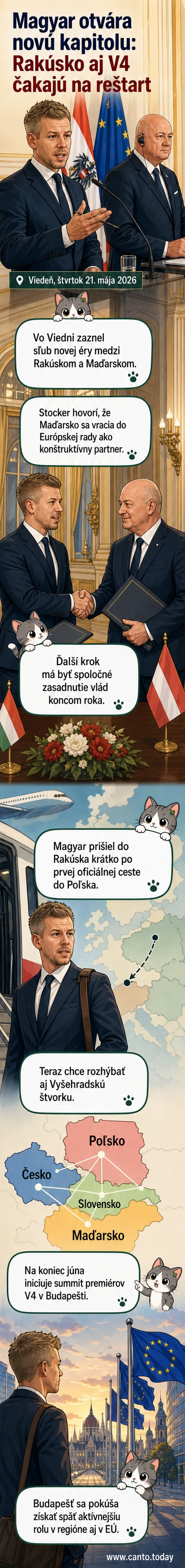 Rakúsky kancelár Christian Stocker a maďarský premiér Péter Magyar počas spoločnej tlačovej konferencie vo Viedni 21. mája 2026.