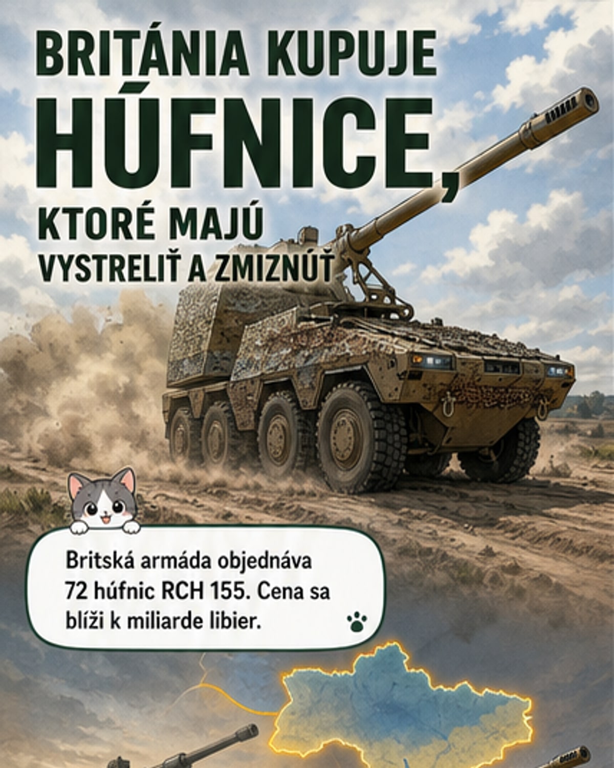 Ilustrácia novej samohybnej húfnice RCH 155 na poli, ktorá práve vystrelila a rýchlo odchádza z pozície, na pozadí je oblak dymu a v diaľke vojaci v pohybe.