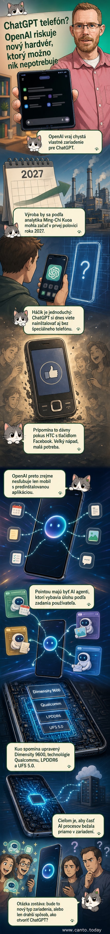 Ilustrácia konceptu smartfónu OpenAI s ikonami AI agentov na obrazovke a označením špeciálneho čipu pre lokálne spracovanie umelou inteligenciou.