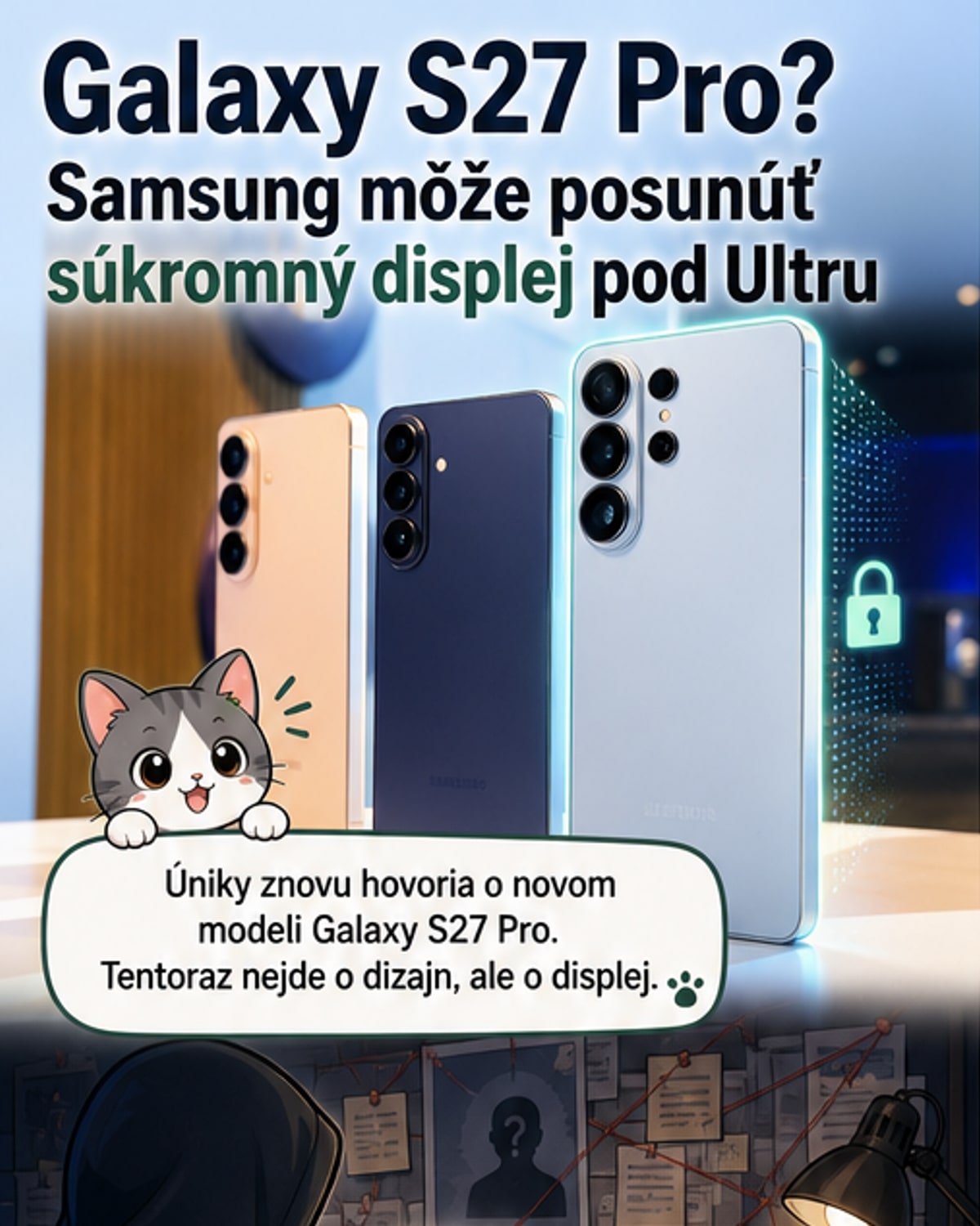 Ilustrácia nového Samsung Galaxy S27 Pro s funkciou Privacy Display – displej je viditeľný len spredu, zboku je tmavý.