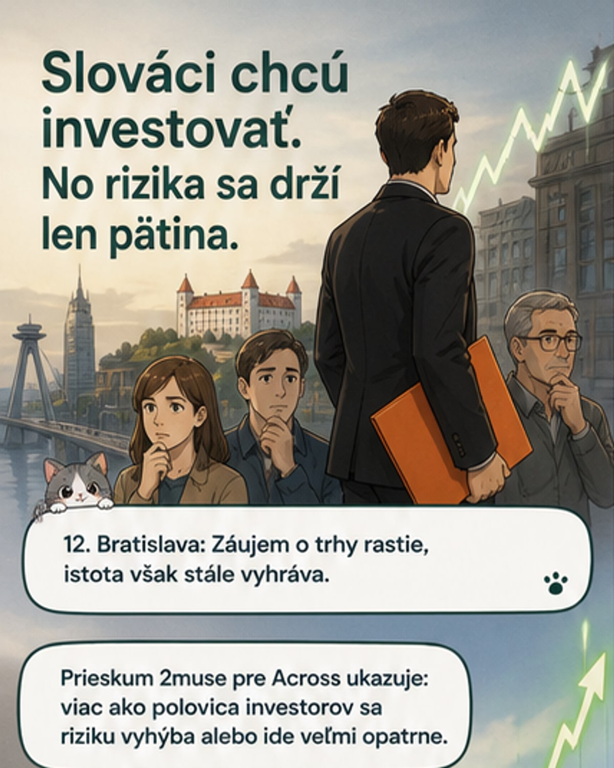 Ilustrácia zobrazuje dve skupiny ľudí: jedna sa drží bezpečných peňažných schránok, druhá investuje do akcií a trhov, s grafom rastu na pozadí.