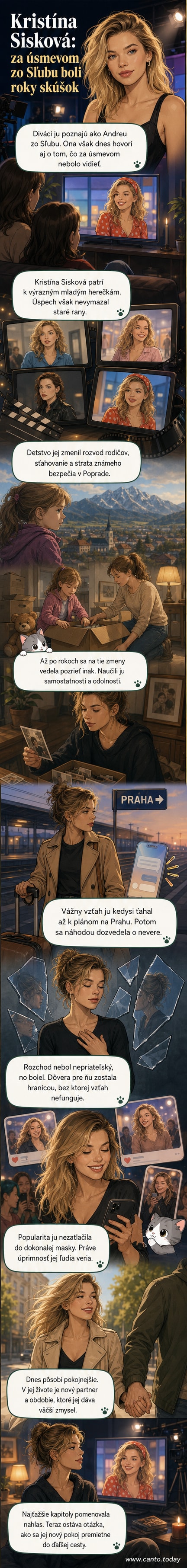 Herečka Kristína Sisková v úlohe Andrei zo seriálu Sľub, usmievajúca sa na pódiu, v pozadí zábery z jej osobného života a seriálu.